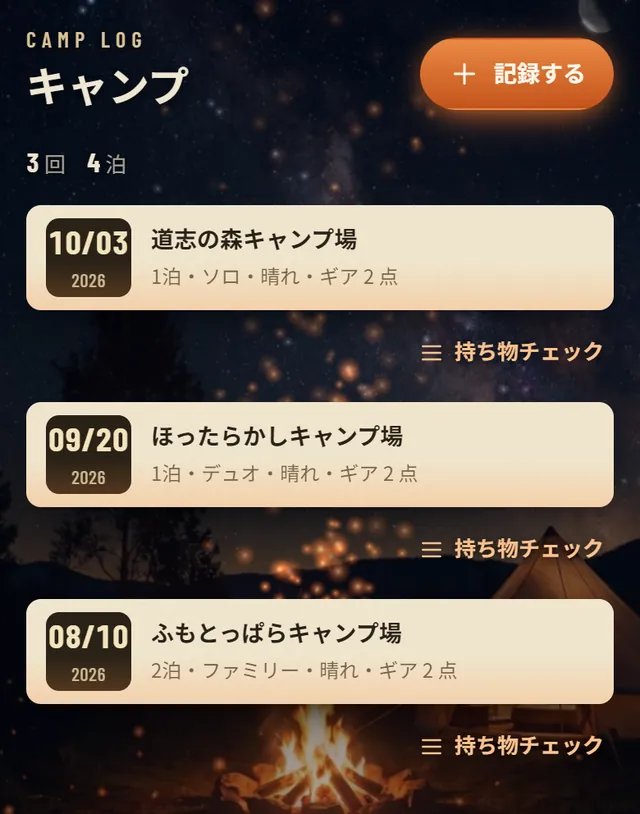 キャンプの一覧。3回4泊、道志の森キャンプ場などの記録と持ち物チェックのリンク